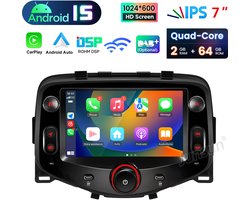 Junsun Android 15 Autoradio Geschikt voor Citroen C1 Peugeot 108 Toyota Aygo II, 2GB+64GB, Draadloze CarPlay & Andriod Auto, DAB+, GPS-Navigatie, Bluetooth, 7-inch Touchscreen, WIFI, DSP, RDS, SWC, Quad-core processor