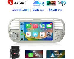 JUNSUN Autoradio - Geschikt voor Fiat 500 2007-2015 Accessoires , - Android 15 - 2+64 GB - Draadloos Carplay & Android Auto - GPS Navi & SWC & Bluetooth & Wifi & DSP & Cam
