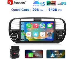 JUNSUN Autoradio - Geschikt voor Fiat 500 2007-2015 Accessoires, - Android 15 - 2+64 GB - Draadloos Carplay & Android Auto - GPS Navi & SWC & Bluetooth & Wifi & DSP