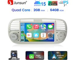 JUNSUN Autoradio - Geschikt voor Fiat 500 2007-2015, - Android 15 - 2+64 GB - Draadloos Carplay & Android Auto - GPS Navi & SWC & Bluetooth & Wifi & DSP & Cam
