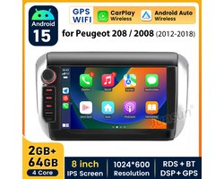 JUNSUN Autoradio Geschikt voor Peugeot 208/2008 2012-2018 - 8 inch Android 15 GPS Navi | Carplay | Andriod Auto | Bluetooth | WiFi | FM | RDS | DSP | SWC - 2+64GB