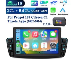 JUNSUN DAB+ Autoradio - Geschikt voor Peugot 107 Citroen C1 Toyota Aygo, - Android 15 - 2+64 GB - Draadloos Carplay & Android Auto - GPS Navi & SWC & Bluetooth & Wifi & DAB+ Adapter