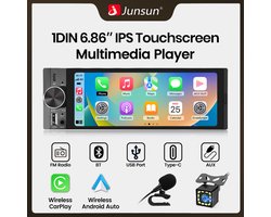 Junsun Enkel-DIN autoradio (met Bluetooth, geschikt voor alle automodellen) — voorzien van USB, AUX en handsfree-functie - Draadloos CarPlay & Android Auto - inclusief Microfoon + achteruitrijcamera - stuurwielbediening - 6.86 inch display