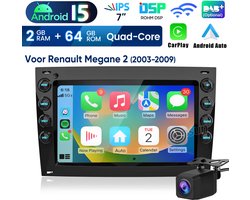 Junsun Plug & Play autoradio voor Renault Megane II 2002-09 2DIN - Carplay Android 15 GPS Navi WIFI BT FM Android Auto RDS DSP SWC met Achteruitrijcamera - 2GB RAM + 64GB ROM