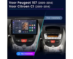 Junsun V1 Plus autoradio voor Peugeot 107, Toyota Aygo, Citroën C1 (2005-2014) - Draadloos CarPlay, Android Auto, intelligent autosysteem, multimediaspeler, 1GB+32GB