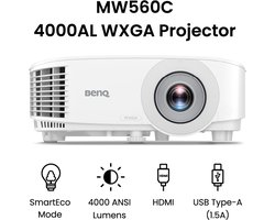 BenQ Beamer MW560C - Projector - 4000 ANSI lumen - DLP WXGA 1280x800 - Voor kantoor of thuis - SmartEco energiebesparing - 3D Projecties - 30-bit kleurdiepte - Wit