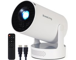 Blume Living® LED Mini Beamer HY300 Ultra Smart Projector + Ingebouwde Speaker - 4K-ondersteuning - LED Beamer met Android 14 – Short Throw & WiFi - Draagbare Home Cinema, Outdoor