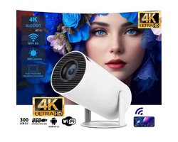 HY300 Pro Mini Beamer – 4K Ondersteuning – 500 Lumen – Draagbare Smart Projector – Android 11 – Dual WiFi 6 – LED 30000u – 40-150 inch – Home Theater & Outdoor