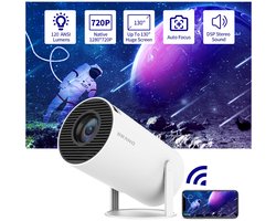HY300-projector met WIFI6 en Bluetooth, 4K 1080P-ondersteuning met Android TV 11.0, mini-draagbare projector, 180° draaibare filmprojector, automatische keystone-functie, compatibel met laptop, pc en smartphone.