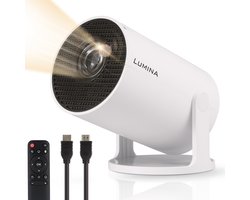 Lumina® Pro Mini Beamer 2025 – Smart Projector met 4K-ondersteuning – Voor iOS & Android - Android 14 - WiFi 6 & Bluetooth 5.4 – Thuisbioscoop – Wit