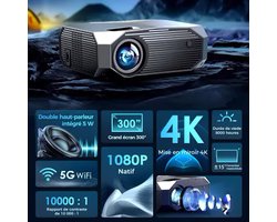 Mini Projector Native 1080P Met 5G WiFi & Bluetooth 5.2, Ondersteunt 4K & 300" Scherm, Draagbare Heimkino Gaming Projector Compatibel Met HDMI, USB, AV, Smartphone, TV Stick, Xbox, PS5 voor Thuis & Buiten