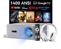 OSCAL PV800 Pro Beamer 14000 Lumen WiFi6 | Google TV Netflix Gecertificeerd HDR10+ | Autofocus 6D Trapeziumcorrectie HiFi 40-200" | Huiskino/Buiten Zilver 10000+Apps + Blackview FitBuds H1 Over Ear Koptelefoon Wit ANC+ENC Bluetooth5.4 65Uur