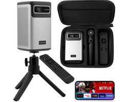 Overmax Multipic 8.1 Tragbarer 4K Beamer - kabellos mit Android 9.0 - Auto-Fokus und Keystone-Korrektur - 2,5 Stunden Akku - 5000 Lumen Helligkeit - Dual-Band WiFi und Bluetooth 5.0 - ideal für Heimkino und Outdoor