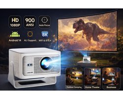 Yemtech® Mini Beamer – Mini Projector - Draagbare Beamer - Thuisbioscoop Beamer - 1080P LCD Projector – Ondersteunt 8K – 900 ANSI Lumen – Ultra korte Lens - Android – BT 5.4– Thuisbioscoop– Auto Keystone