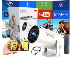 Zenwire R1 Mini Beamer 360 - Beamer - Mini Projector 360 - ANDROID 12 - WiFi 6 - Bluetooth 5.0 - 250 ANSI - HD 1280x720p ondersteunt FULL HD - Autokeystone 4D / Zoom - Home Cinema - Draagbaar - Voor IOS en Android - HDMI - USB - 36"-150" Scherm