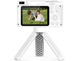 1080P digitale kindercamera - met statief Mini-videocamera voor kinderen 12MP 2,4 inch IPS-scherm Ingebouwde batterij met nekriem Mini-desktopstatief Verjaardag voor jongens en meisjes, wit