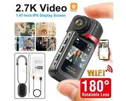 2.7K Draagbare WiFi Sportcamera –Mini Bodycam voor Buiten met 180° Draaibare Lens, Bewegingsdetectie & Video-opname