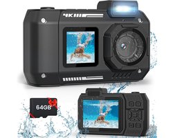 33FT onderwatercamera 4K 65MP waterdichte camera - onderwatercamera voor snorkelen met 64GB kaart autofocus selfie dual screen, digitale camera waterdicht compact drijvend (zwart)