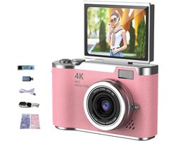 4K Digitale Camera - 48MP Studenten Camera - Met Flip Screen - Selfiecamera en Vlogcamera - 8x Zoom Anti-Shake - Omkeerbaar Scherm - Draagbare FHD Compacte Camera - Geschikt voor Kinderen en Volwassenen - Roze Set