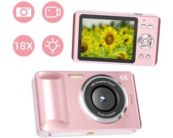 4K Digitale Camera - 64MP Autofocus - 18X Zoom - Vlogcamera - met Flitser - 2,8-Inch Scherm - Draagbare Camera voor Kinderen - 1200MAH-Batterij - Type-C-Interface - Roségoud