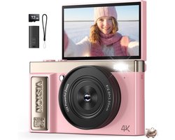 4K Digitale Camera Roze voor Meisjes & Tieners - 64MP Vlogging Camera met Flip Screen - 16x Digitale Zoom - Compacte Point and Shoot Camera - YouTube & Fotografie - Cute Aesthetic Cadeau voor Kinderen en Beginners