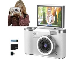 4K opvouwbare schermstudentencamera - 2025 Nieuwe point-and-shoot digitale camera's, FHD 4K digitale camera voor fotografie met kantelbaar scherm, 8x zoom 48MP digitale camera voor tieners en volwassenen (wit, 64 GB)