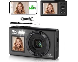 Camera - 5K Digitale camera - 80MP camera met dubbel scherm voor fotografie en vloggen, 18x zoom, autofocus, invullicht, compacte vlogcamera voor studenten, reizen, tieners en beginners, inclusief 64GB geheugenkaart fototoestel（zwart）