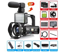Camera 8K 64MP – WiFi Vlogcamera – Digitale Zoom – Beeldstabilisatie – Inclusief Microfoon, Afstandsbediening & 32GB SD Kaart