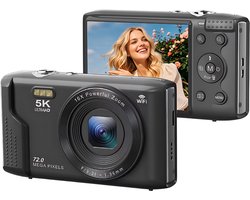 Compacte Digitale Camera 5K 72MP – Vlog & YouTube Camera met 2,8 inch LCD-Scherm, 16x Digitale Zoom, Vintage Fotografie, Zonder Geheugenkaart, Video Recorder, Fotocamera voor Beginners, Reizen & Content Creators – Zwart
