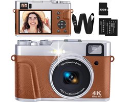 Deluqse® Digitale Camera 4K – Compact Fototoestel & Fotocamera – Retro Vintage Camera – Voor Festival, Vakantie & Kinderen – Inclusief 32GB SD Kaart – Bruin