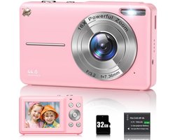 Digitale Camera - 1080P Foto Camera - 44MP Resolutie - 16X Digitale Zoom - Vlogging Camera - Compacte Camera - 2,4 Inch LCD Scherm - 32GB Micro SD Kaart - Inclusief 1 Accu - Kinderen en Tieners - Studenten Camera - Fotografie Accessoire