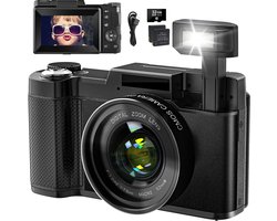 Digitale camera 4K 48MP Vlogging Camera voor YouTube 16X Digitale Zoom met Macro Functie &Liftable Flash, Compacte Camera voor Fotografie 3 '' 180° Flip Scherm, 32 GB TF-kaart, 2 Batterijen