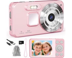 Digitale Camera 4K - 64MP Fotokamera - Fototoestel met 2.8 Inch LCD Scherm - 18X Digitale Zoom - Compact en Draagbaar Ontwerp - Beeldstabilisatie - USB-C Aansluiting - Inclusief 32GB SD Kaart - Vlog Camera - Roze
