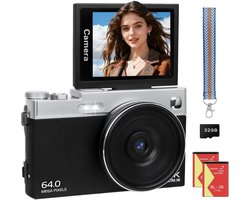 Digitale Camera 4K 64MP met 3 Inch 180° Kantelbaar IPS Scherm – 16x Digitale Zoom, Autofocus, Webcamfunctie via USB, Compacte Vlogcamera met 2×1000mAh Batterijen en 32GB Geheugenkaart voor Beginners, Kinderen en Tieners
