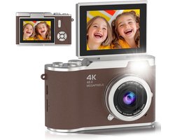 Digitale camera - 4K Digitale Camera 48MP met Flip Screen – Selfiecamera met 8x Zoom + 32GB Geheugenkaart - met 2,4 inch HD-kantelscherm, ingebouwd LED-invullicht - Vlogcamera - digitale camera kinderen - voor tieners en studenten (Bruin)