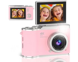 Digitale camera - 4K Digitale Camera 48MP met Flip Screen – Selfiecamera met 8x Zoom + 32GB Geheugenkaart - met 2,4 inch HD-kantelscherm, ingebouwd LED-invullicht - Vlogcamera - digitale camera kinderen - voor tieners en studenten (Roze)