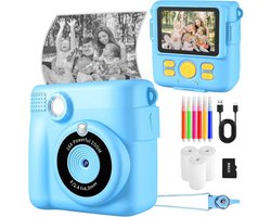 digitale camera - fotocamera - fotocamera kinderen - instant fotocamera voor kinderen - 24 MP - 1080P HD - met 32 GB kaart, 3 rollen fotopapier en 6 gekleurde pennen - 2,4 inch instant camera voor kinderen - speelgoedcadeau voor kinderen - blauw