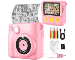 digitale camera - fotocamera - fotocamera kinderen - instant fotocamera voor kinderen - 24 MP - 1080P HD - met 32 GB kaart, 3 rollen fotopapier en 6 gekleurde pennen - 2,4 inch instant camera voor kinderen - speelgoedcadeau voor kinderen - roze