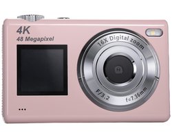 Digitale camera met dubbel scherm - Autofocus 4K 48MP Vloggingcamera Fotocamera met 32GB-kaart, compactcamera, 16x zoom, anti-shake, cadeau voor kinderen, tieners en beginners - roze