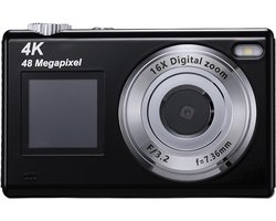 Digitale camera met dubbel scherm - Autofocus 4K 48MP Vloggingcamera Fotocamera met 32GB-kaart, compactcamera, 16x zoom, anti-shake, cadeau voor kinderen, tieners en beginners - zwart