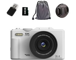 Digitale camera - Mini 5K 75MP digitale camera's met 64G SD-kaart, 3,0 inch compactcamera, 180° 18x zoom digitale camera, fotocamera voor kinderen, tieners en beginners