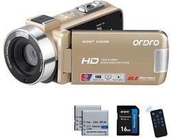 Full HD Camcorder 1080P 30MP – Vlogging & YouTube Videocamera met 18x Digitale Zoom, IR Nachtzicht, 3” Draaibaar Scherm, 16GB SD & 2 Batterijen – Goud