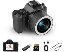 Gloovon® - 2K Digitale Camera - 48MP - Mini Fotocamera - 8,4 x 6,5 x 2,9 CM - 16 x Zoom - Fotocamera Kinderen - Inclusief 32GB Micro-SD-kaart - Zwart