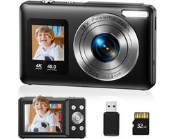 Gloovon® - Digitale Camera 4K - 48MP - Fotocamera - 18 × Zoom - Fototoestel - Compact Camera - Vlog Camera - Voor Kinderen - Inclusief 32GB Micro-SD-kaar - Zwart