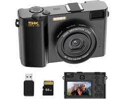 Gloovon® - Digitale Camera - 5K - 64MP - Fotocamera - Fototoestel - Vlog Camera - Video Camera - Inclusief 64GB Micro-SD-kaart - Zwart