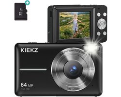 Kiekz Digitale Camera 64MP - Fotocamera Full HD - Mini Camera - Compact Camera - Fototoestel - Autofocus - Ideaal voor Kinderen en Beginners - Inclusief 32GB SD Kaart - Zwart