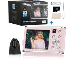 K&L Digitale Camera 4K - Fototoestel - Fotocamera - Compact Camera - Vlog Camera - Voor Kinderen - Inclusief 64GB - NL Software - Roze