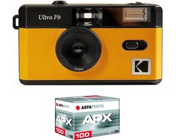 KODAK Pack F9 Argentique + Pellicule 100 ASA - Appareil Photo Kodak Rechargeable 35mm Jaune, Objectif Grand Angle Fixe, Viseur optique , Flash Intégré + Pellicule APX 100, 36 poses