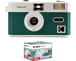 KODAK Pack F9 Argentique + Pellicule 100 ASA - Appareil Photo Kodak Rechargeable 35mm Vert, Objectif Grand Angle Fixe, Viseur optique , Flash Intégré + Pellicule APX 100, 36 poses