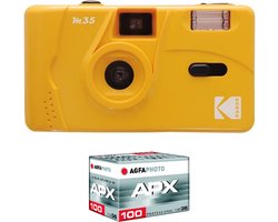 KODAK Pack M35 Argentique + Pellicule 100 ASA - Appareil Photo Kodak Rechargeable 35mm Jaune, Objectif Grand Angle Fixe, Viseur optique , Flash Intégré + Pellicule APX 100, 36 poses